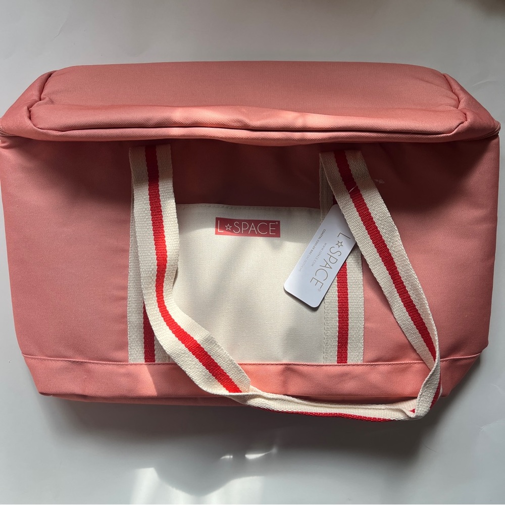 L*Space Pink with Red/White Color Block Stripe Coastal Cooler Bag NWT